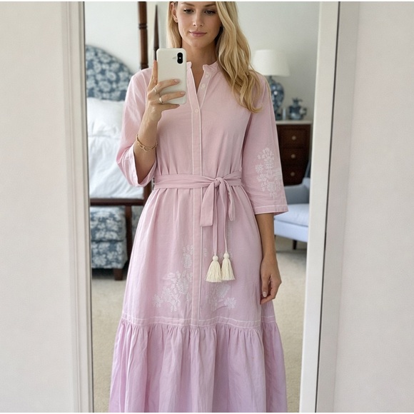 Julia Amory Palm Beach Gin Dress Belted Cotton Pink Lavender Embroidered Size M - Picture 11 of 12